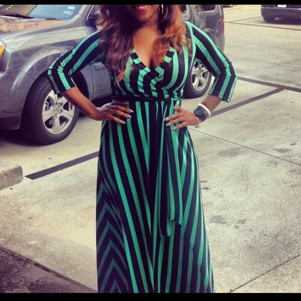 Green and black striped maxi dress